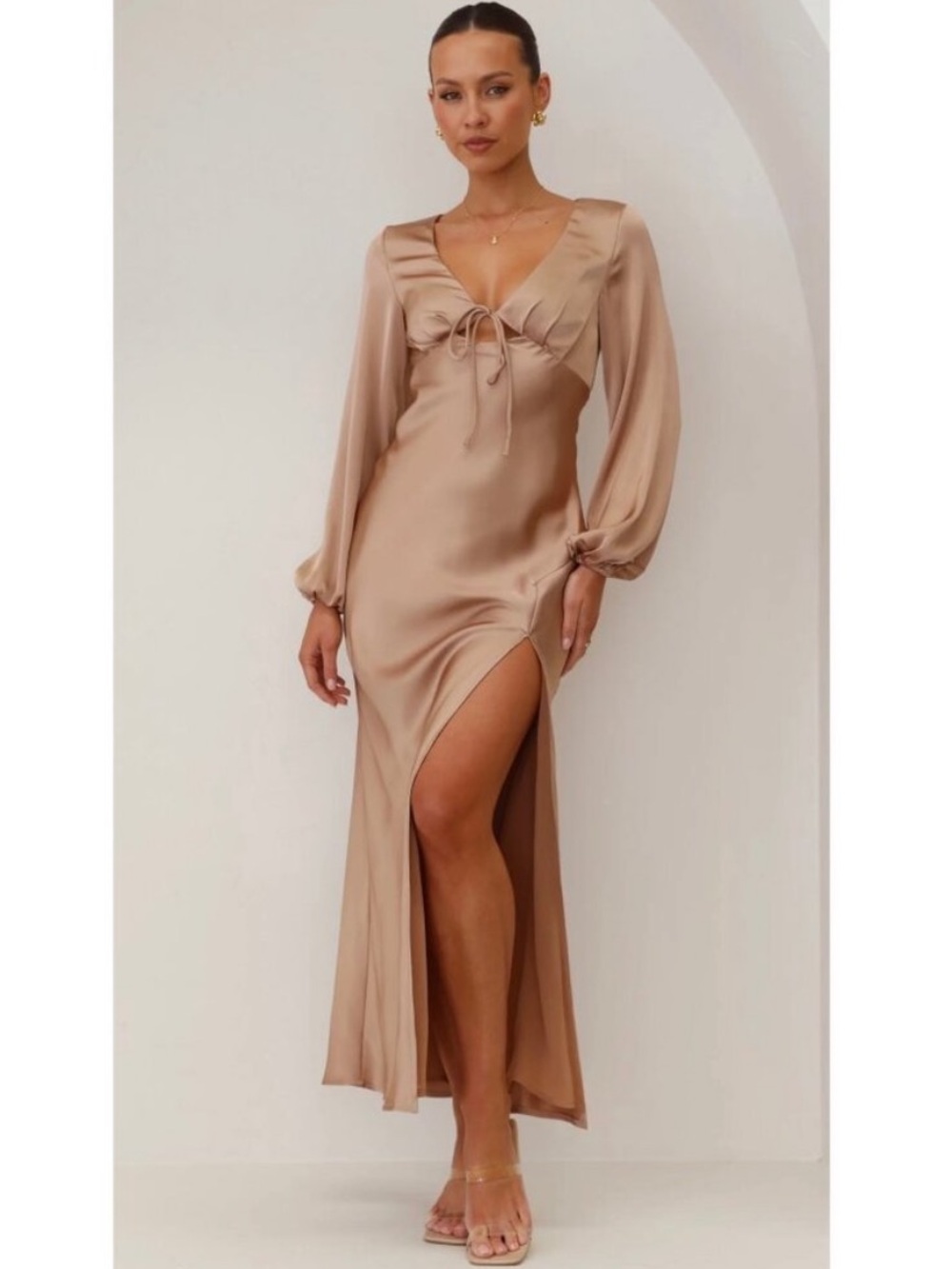 Billy J Brigitte‎ Dress Plus Size 20 Tan Satin Tie Front Maxi V Neck Old Money